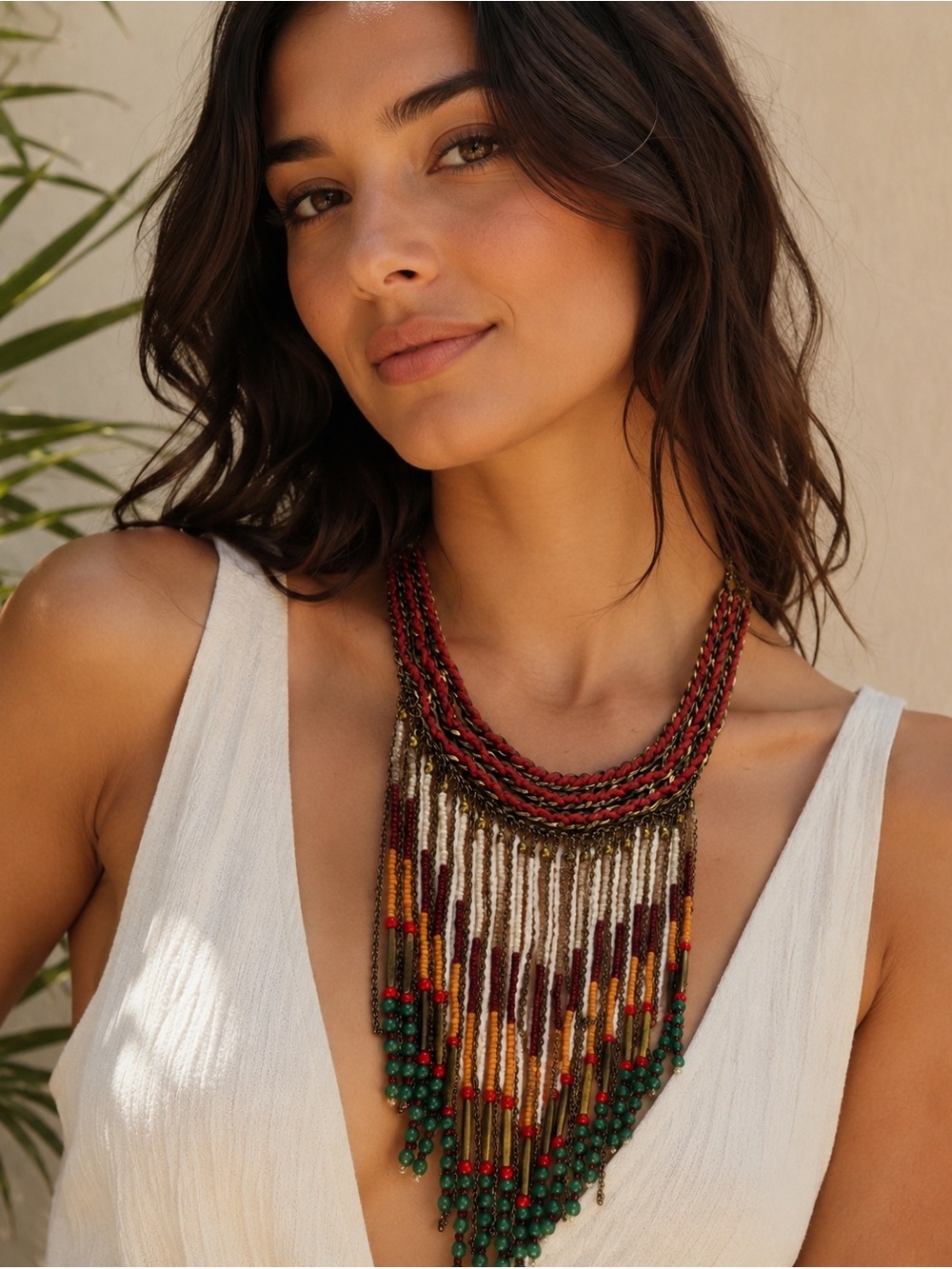 Boho Tribal Fringe Statement Necklace – Layered Beaded Southwestern Bib Necklace